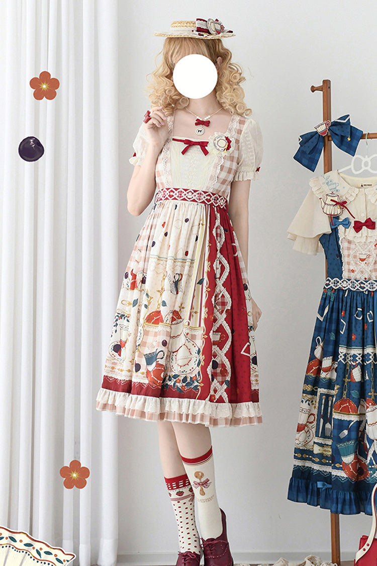 Red [Tea Party] Short Sleeves Print Ruffle Bowknot Lace Sweet Elegant Lolita Dress - Product - 2