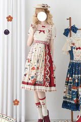 Red [Tea Party] Short Sleeves Print Ruffle Bowknot Lace Sweet Elegant Lolita Dress - Product - 2