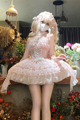 Pink Halterneck Triple-Layered Bowknot Lace Sweet Lolita Jsk Dress - Pink - 1