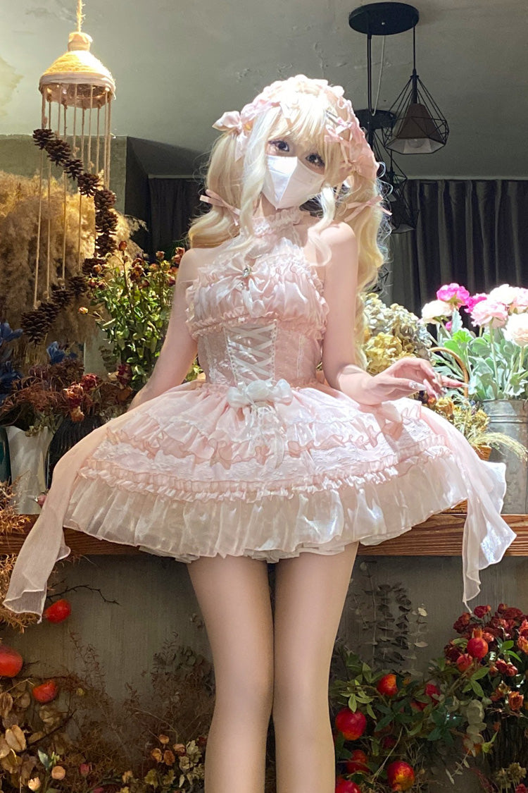 Pink Halterneck Triple-Layered Bowknot Lace Sweet Lolita Jsk Dress - Pink - 1