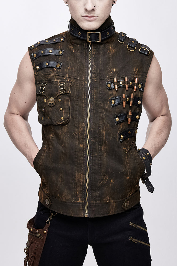 Brown Asymmetrical Bullet Belt 3D Pocket Leather Loop Rivet Back Lace Up Men's Punk Waistcoat - Brown - 1