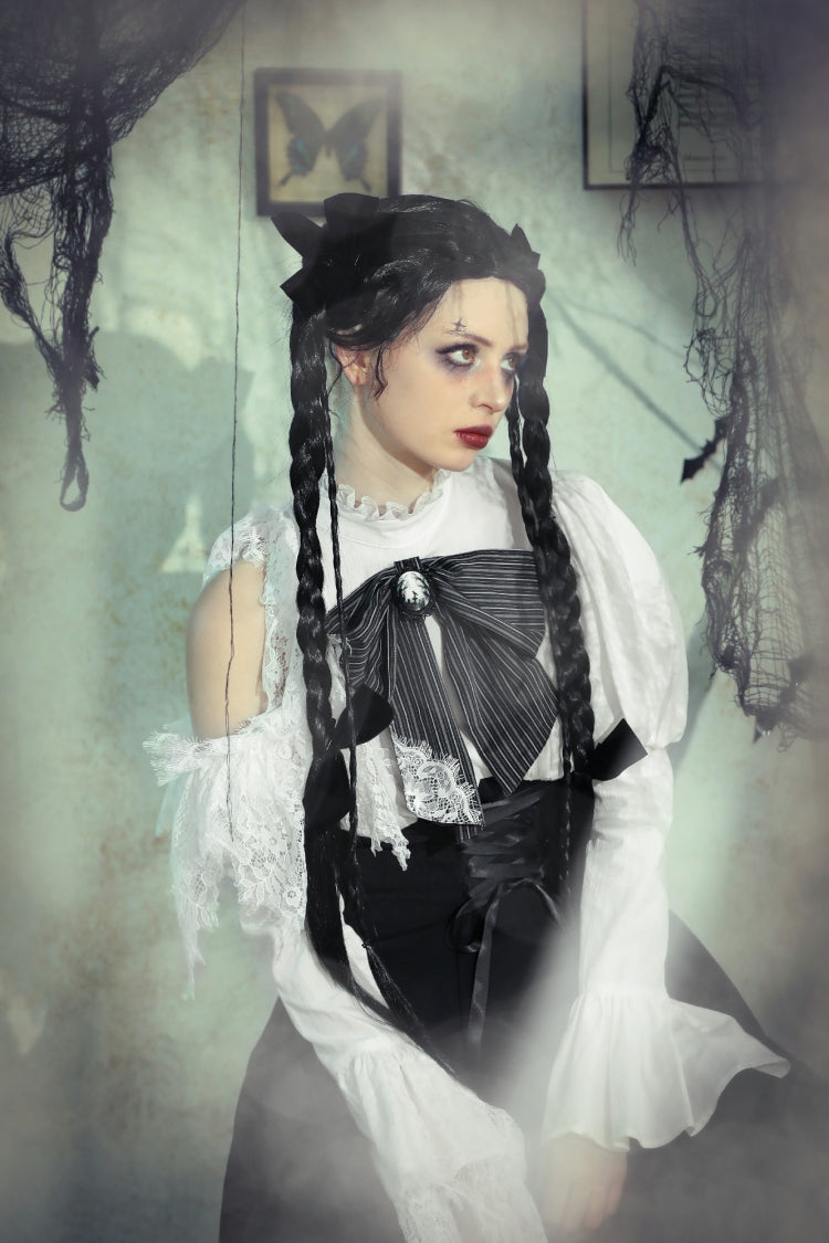 Black/White Lace High Collar Asymmetric Long Trumpet Puff Sleeves Bowknot Women's Lolita Gothic Short Dress - Product - 16