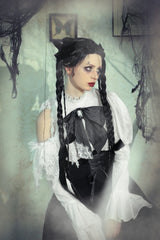 Black/White Lace High Collar Asymmetric Long Trumpet Puff Sleeves Bowknot Women's Lolita Gothic Short Dress - Product - 16