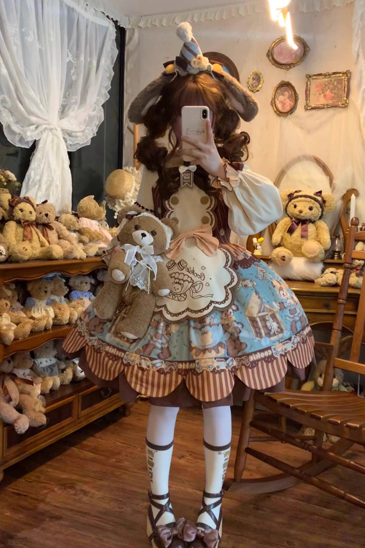 [Bear Cookie] Sleeveless Print Bowknot Sweet Lolita Jsk Dress Set 2 Colors - Product - 10