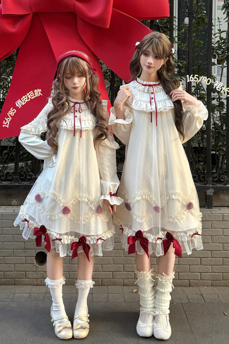 アイボリー [Strawberry Cream Cake] スタンドカラー 長袖 フリル リボン レース スウィートロリータワンピース 商品画像