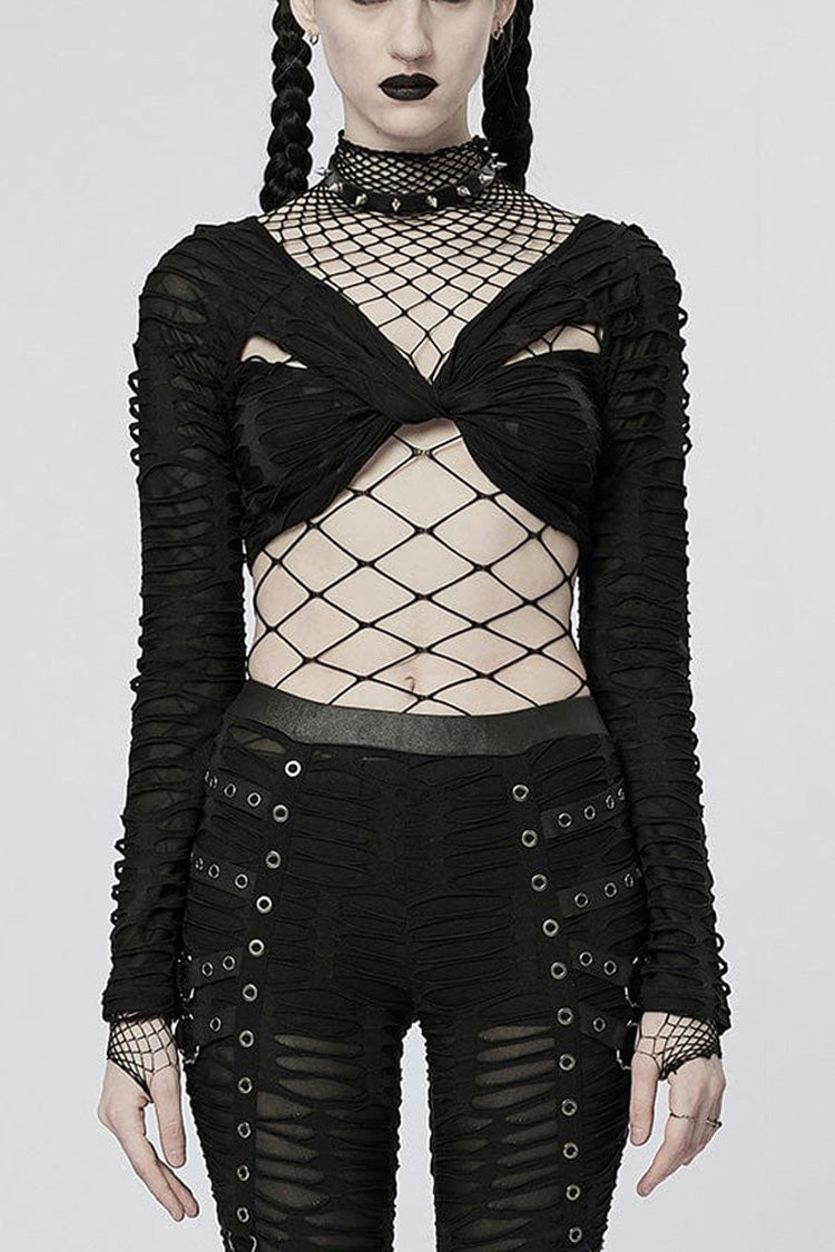 Black Long Sleeve Creative Twist Stretch Sexy Women's Gothic T-Shirt - Black - 1