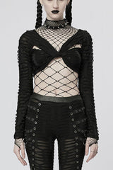Black Long Sleeve Creative Twist Stretch Sexy Women's Gothic T-Shirt - Black - 1