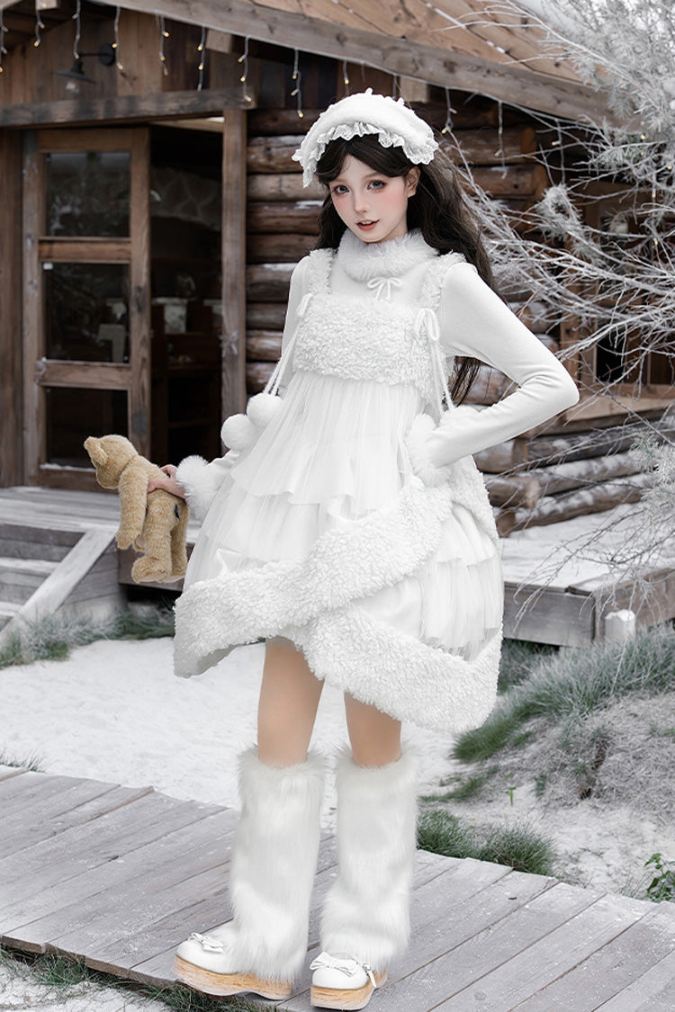 [White Chocolate] Triple-Layered Ruffle Bowknot Sweet Lolita Jsk Dress Set - Product - 21