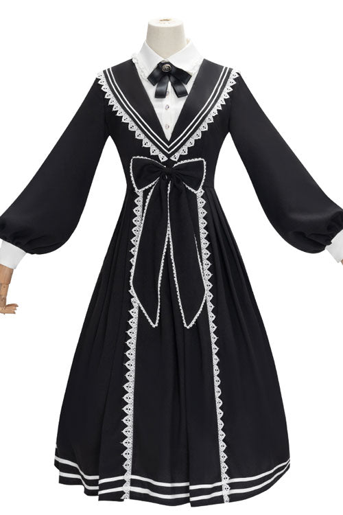 Black Elegant Bowknot Long Sleeves College Style Gothic Lolita Dress - Product - 6
