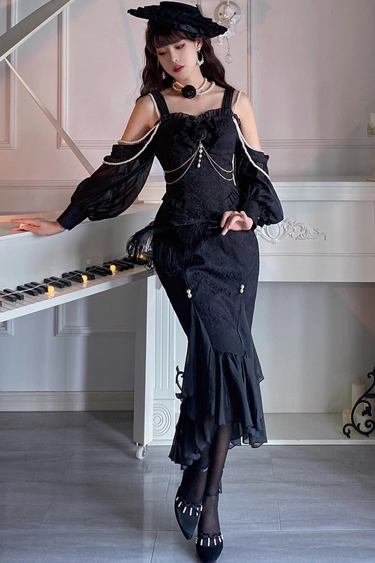 Black [Camellia 1.0] Sleeveless Jacquard Ruffle Lace Gothic Chinese Style Lolita Jsk Fishtail Dress - Black - 1