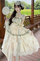 Apricot Print Ruffle Embroidery Bowknot Lace Sweet Chinese Style Lolita Jsk Dress Full Set - Apricot - 1