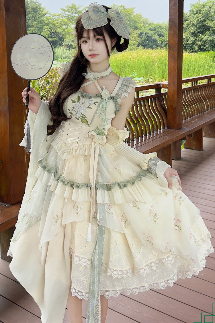 Apricot Print Ruffle Embroidery Bowknot Lace Sweet Chinese Style Lolita Jsk Dress Full Set - Apricot - 1