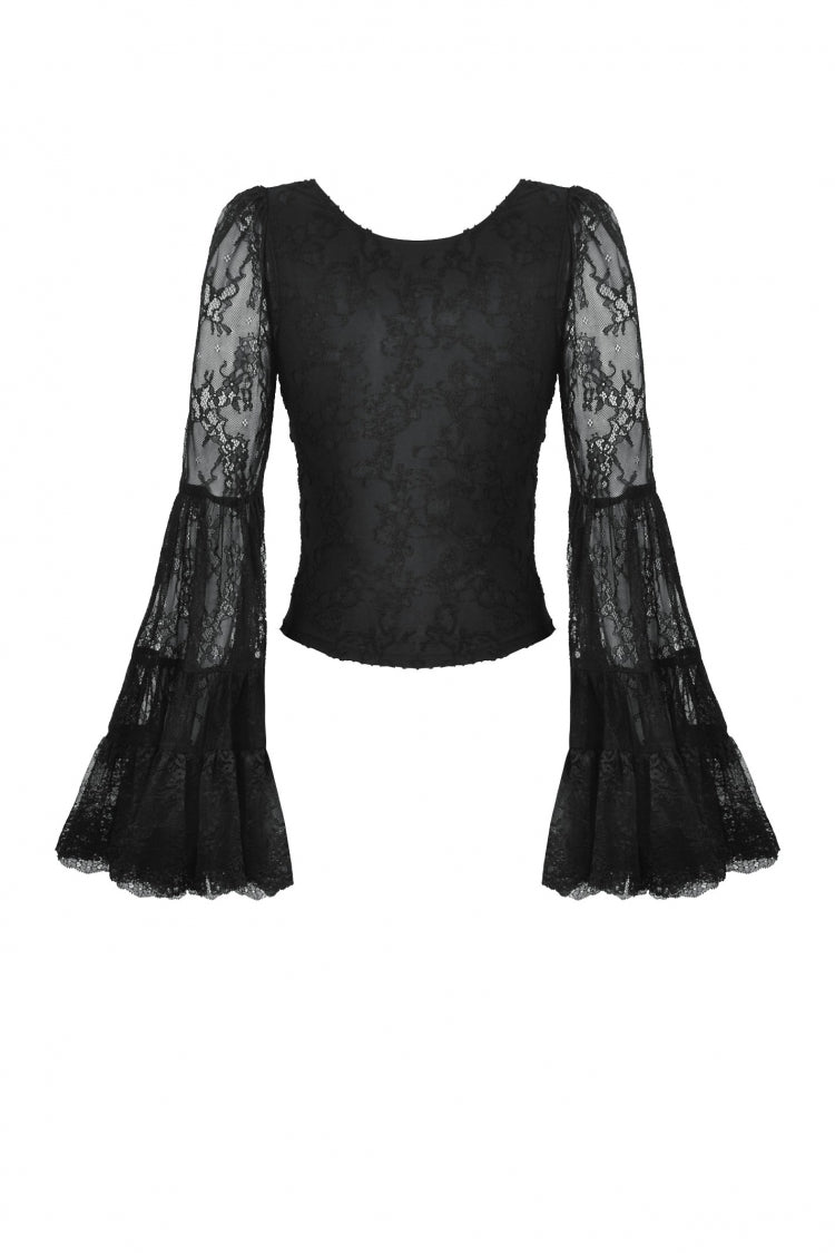 Black Women's Gothic V Collar Long Flared Sleeves Lace Patchwork Blouse - Product - 15