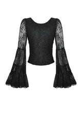 Black Women's Gothic V Collar Long Flared Sleeves Lace Patchwork Blouse - Product - 15
