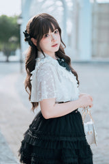 Black/White [Snow Velvet Bunny] Short Sleeves Double-Layered Ruffled Bow Lace Plus Size Japanese Sailor Collar Two-piece Set - Product - 4