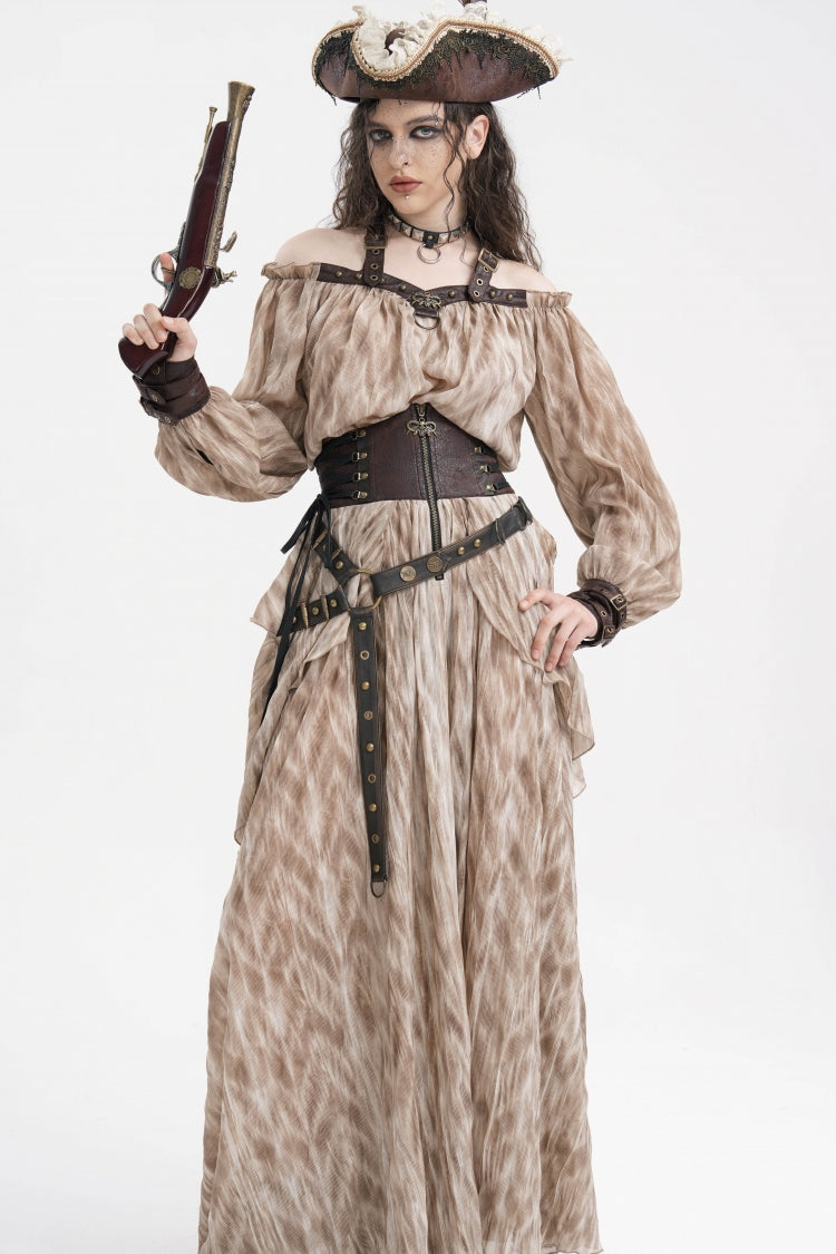 Apricot Ruffle Lace-Up Women's Gothic Eyelets Rivets Long Skirt - Product - 8