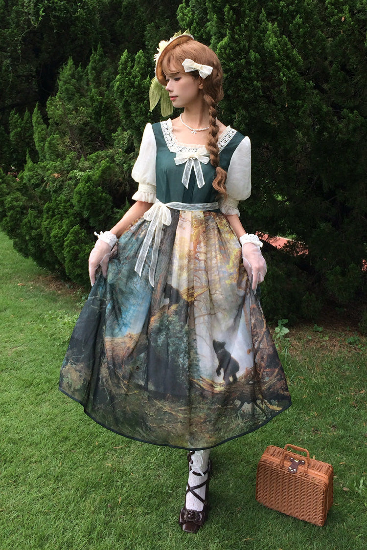 Dark Green [Morning in the Pine Forest] Square Collar Short Sleeves Oil Painting Printed Bow Lace Tie-dyed Sweet Lolita Dress - Product - 6