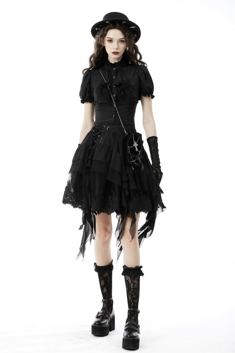 Black Ruffled Stand Collar Lace Jabot Short Puff Sleeves Front Button‑Up Lace-Up Women's Gothic Blouse - Product - 5