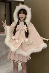 Pink [Sea Salt Guava] Polka Dot Printed Ruffled Bow Hooded Sweet Princess Lolita Dress Cloak Set - Cloak - 4