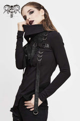 Black Worn Out Cross Shaped Hasp Long Sleeve High Collar Asymmetric Hem Women's Punk T-Shirt - Product - 3
