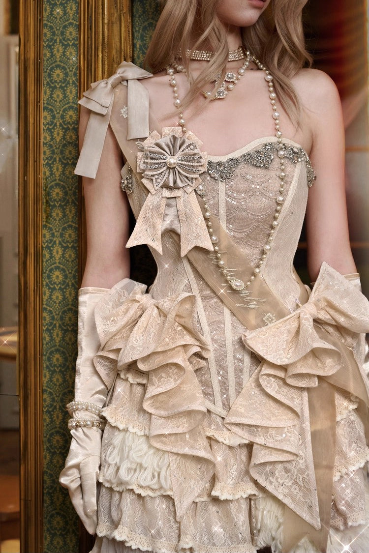 Light Brown [Slavic Noble Lady] Sleeveless Multi-Layered Sparkling Diamonds Ruffled Bow Lace-Up Irregular Gothic Elegant Lolita Skirt & Corset Set - Product - 7