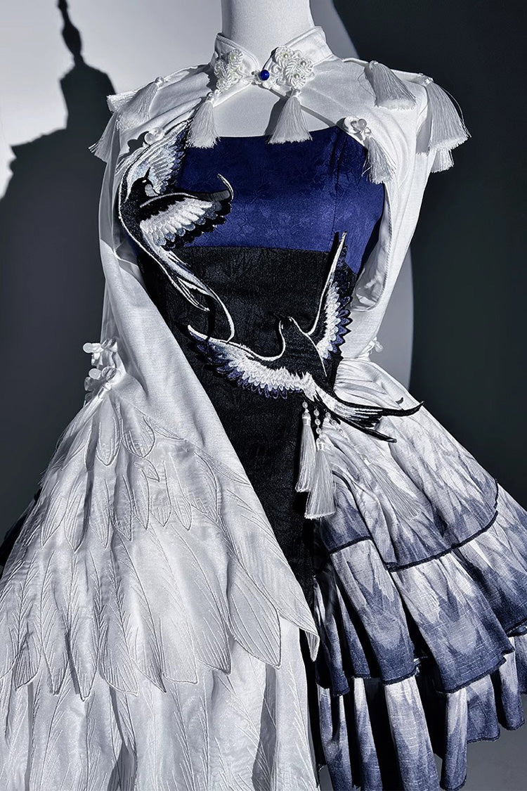 Dark Blue [Feathered Finch] Multi-Layered Print Ruffle Classic Chinese Style Lolita Jsk Dress Set - Product - 10