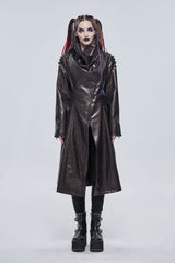 Brown Large Neckline Design Shoulder String Decoration Long Leather Women's Punk Jacket - Product - 2