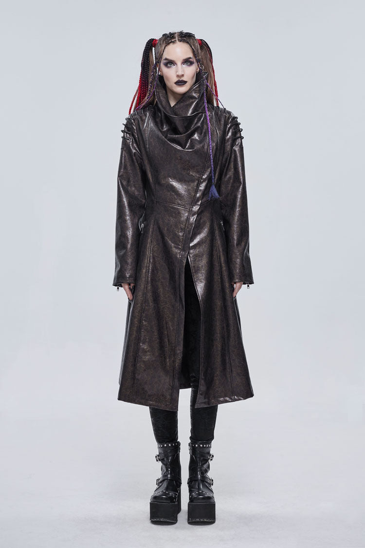 Brown Large Neckline Design Shoulder String Decoration Long Leather Women's Punk Jacket - Product - 2