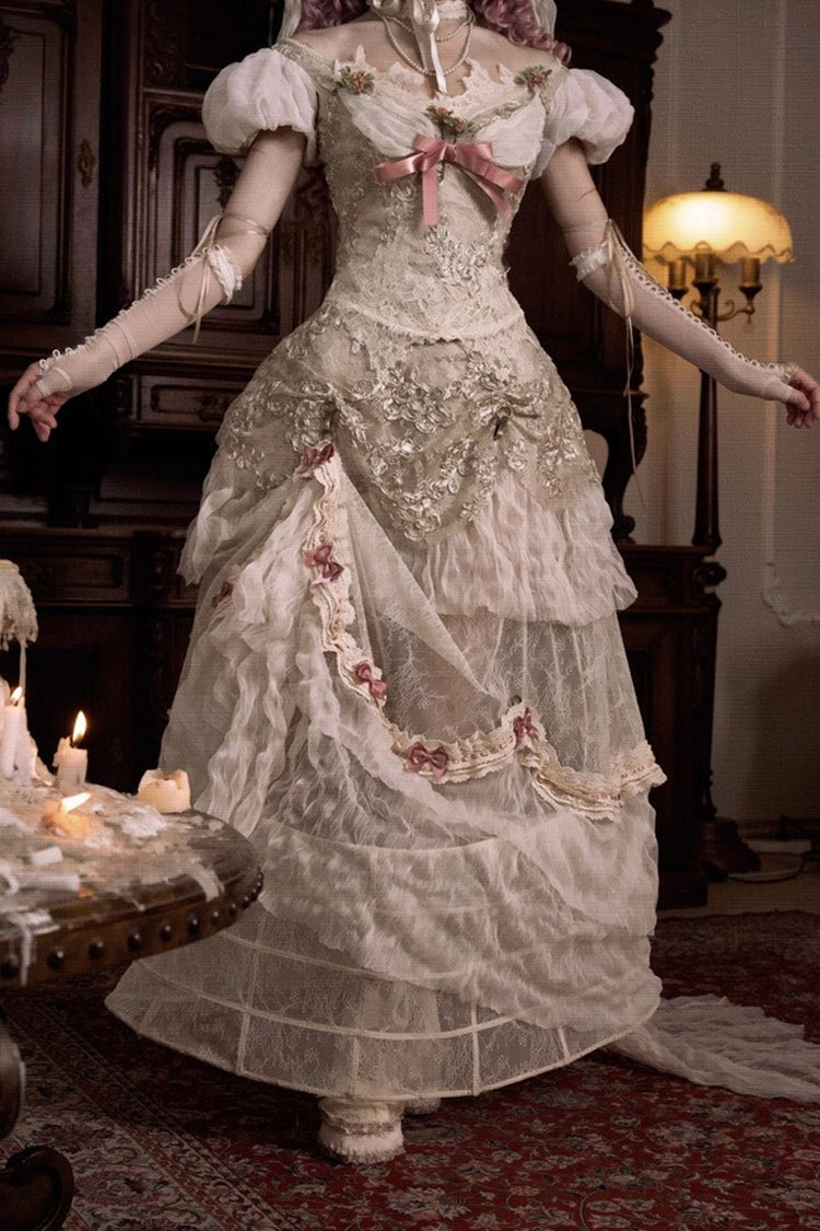 Light Brown [Cupid’s Poetry Box] Ruffle Embroidery Bowknot Lace Classic Elegant Lolita Long Skirt - Light-Brown - 1