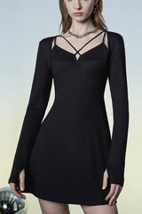 Black Two-Piece Fitting Sling Strap Design A-Shape Women's Punk Slip Dress - Black - 1