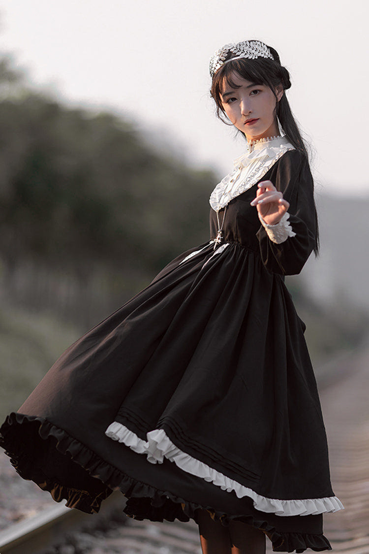 ブラック リボン フリル Nun ゴシックロリータ ティアード ワンピース 商品画像