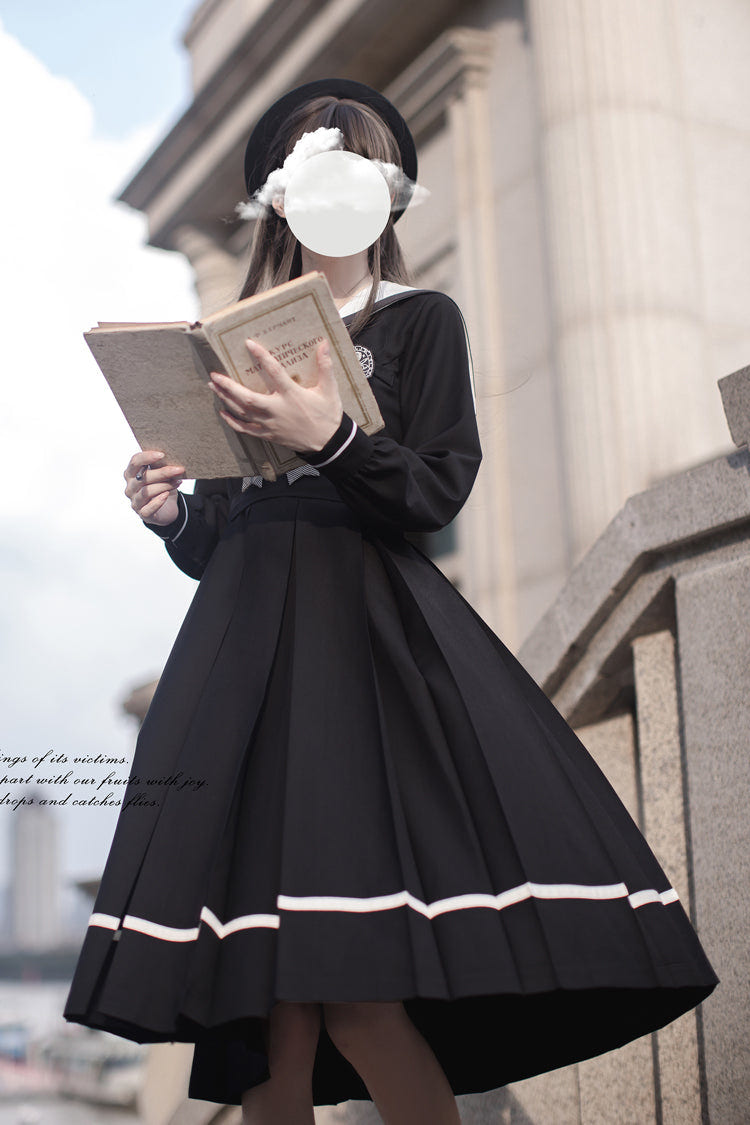 Black Navy Collar Long Sleeves Bowknot Sweet Japanese College Style Elegant Lolita Dress - Product - 5