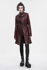 Red Double Buckle Faux Leather Long Women's Punk Coat - Product - 2
