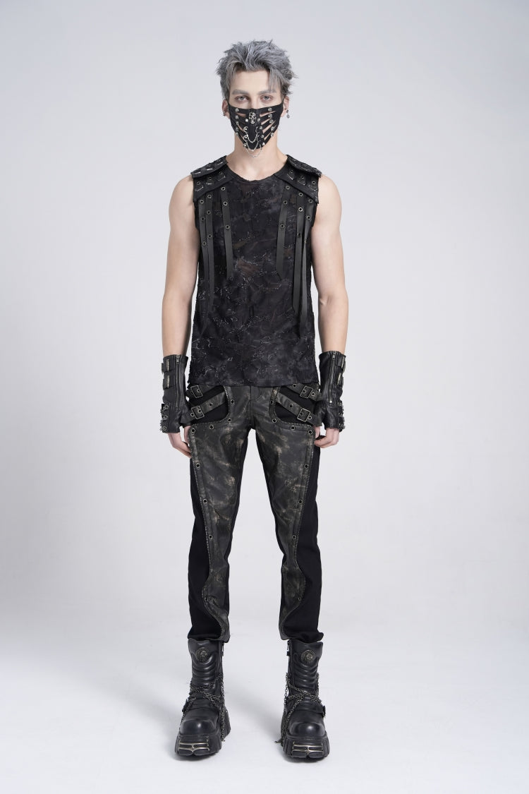 Black Sleeveless Eyelet Strap Distressed Men's Gothic Vest - Product - 7