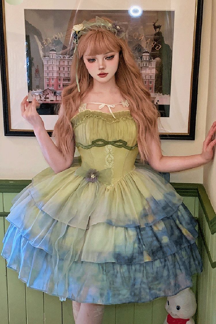 Green Gradient The Forty-Fourth Sunset Oil Painting Triple-Layered Ruffle Bowknot Sweet Lolita Jsk Dress - Product - 3