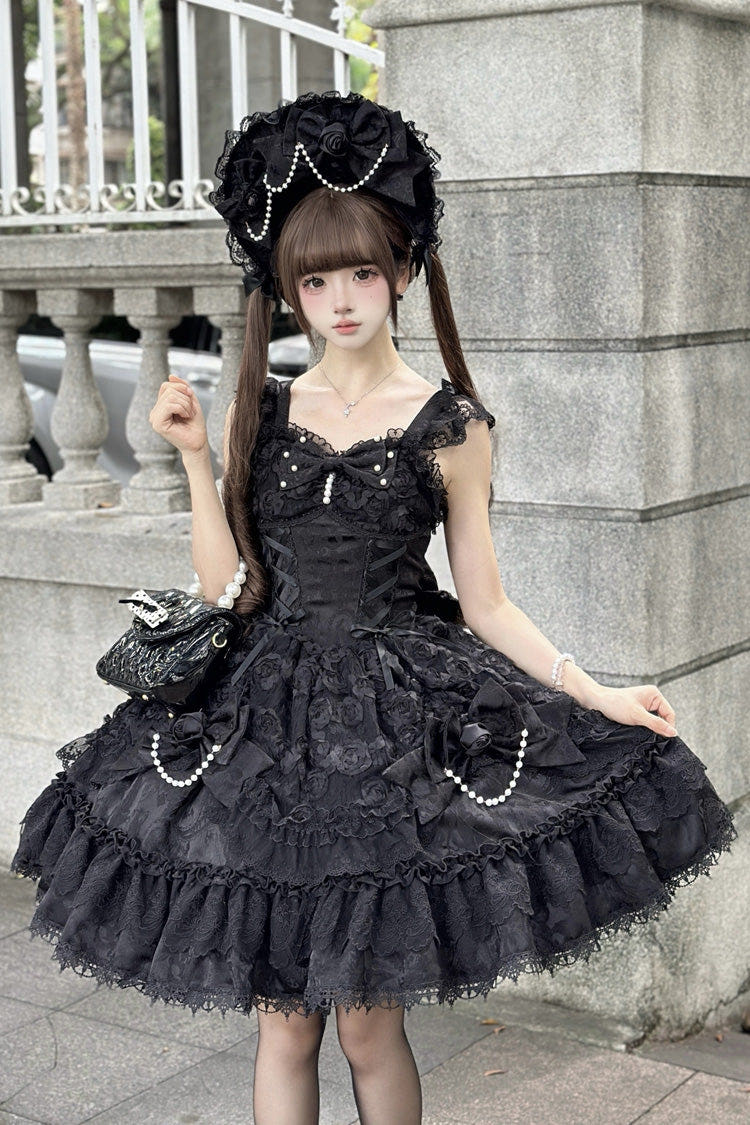 Black [Rose Princess] Sleeveless Ruffle Bowknot Lace Lace-Up Gothic Ballet Lolita Jsk Dress - Black - 1