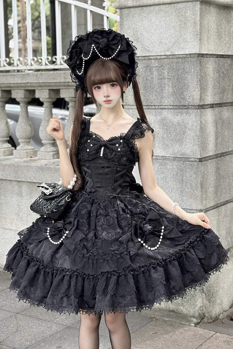 Black [Rose Princess] Sleeveless Ruffle Bowknot Lace Lace-Up Gothic Ballet Lolita Jsk Dress - image 1