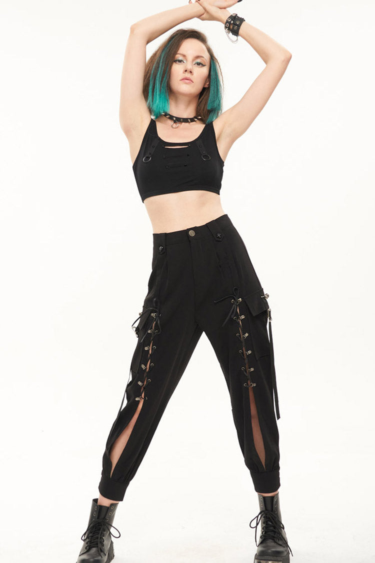 Black Punk Multi Pocket Skull Head Decoration Trouser Leg Opening Tie Women's Long Pants - Product - 4