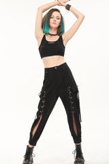 Black Punk Multi Pocket Skull Head Decoration Trouser Leg Opening Tie Women's Long Pants - Product - 4