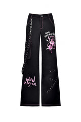 Black Dangerous Bear Chain-Decorated Women's Grunge Bell Bottom Pants - Product - 3