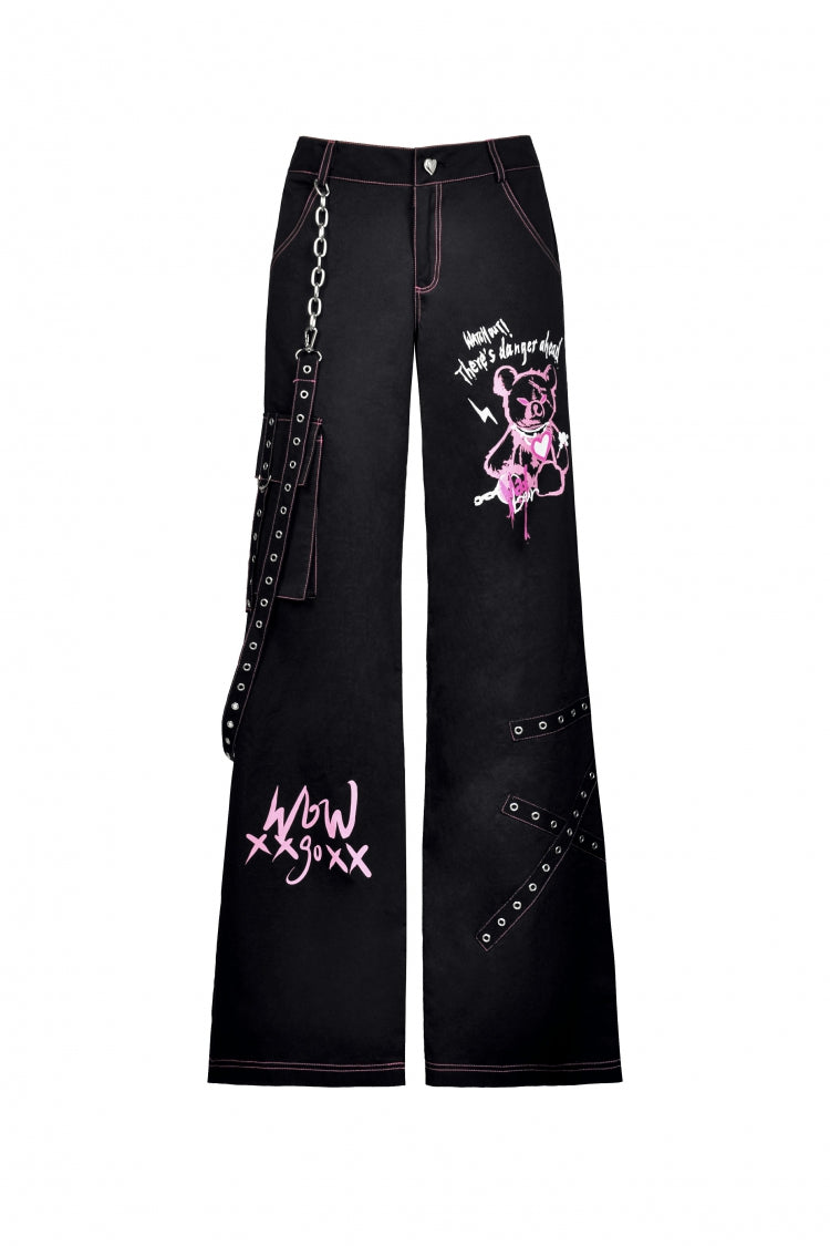 Black Dangerous Bear Chain-Decorated Women's Grunge Bell Bottom Pants - Product - 3