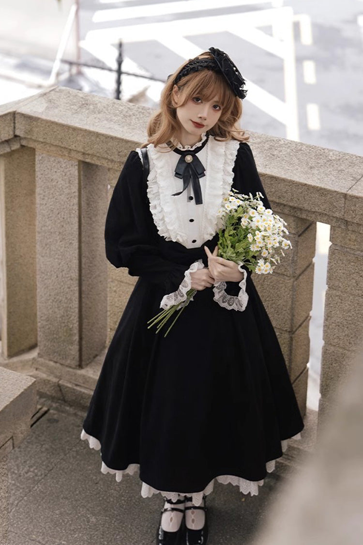 Black/White Silent Poetry Nun Long Sleeves Bowknot Autumn Winter Gothic Lolita Dress - Product - 5