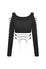 Black Long Sleeves Irregular Strappy Bat Women's Punk Crop Top - Product - 13