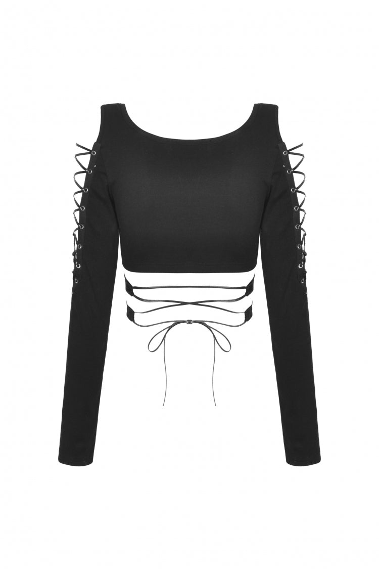 Black Long Sleeves Irregular Strappy Bat Women's Punk Crop Top - Product - 13