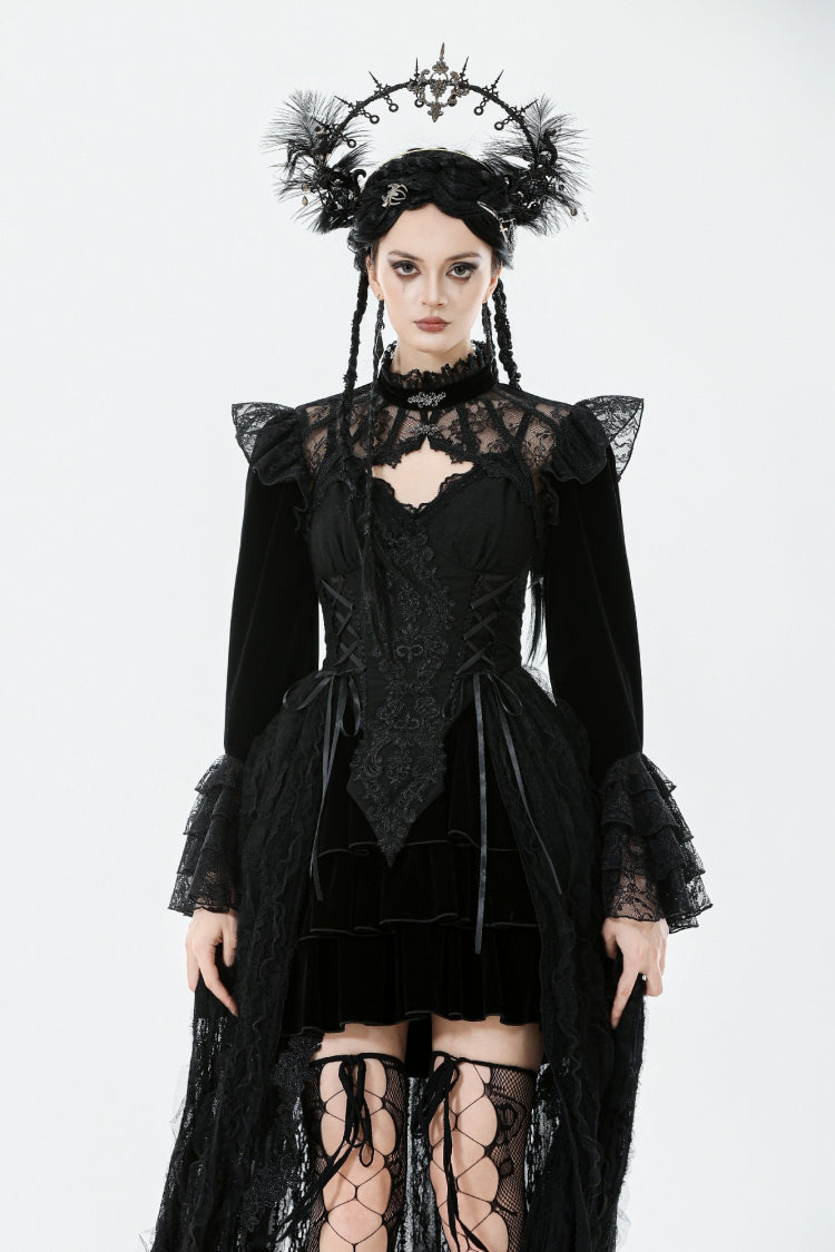 Black Stand Collar Long Flared Sleeves Lace Spliced Velvet Women's Gothic Cape - Black - 1