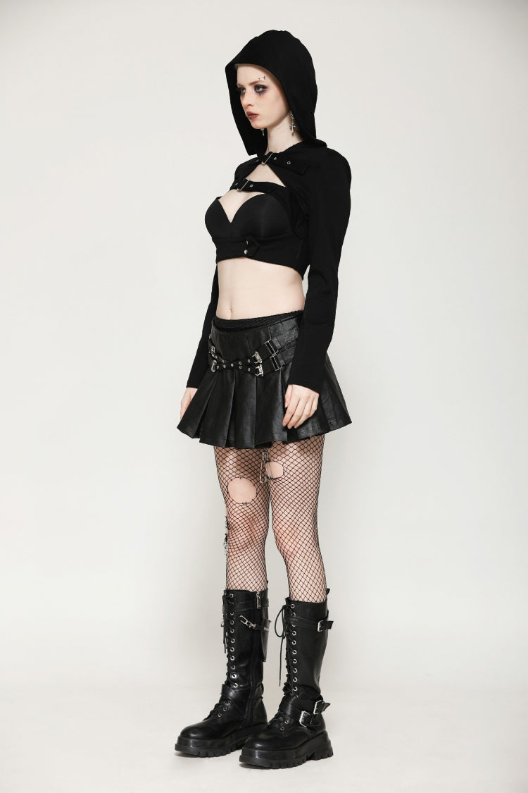 Black Low Waisted Buckle-Up Women's Punk PU Leather Pleated Mini Skirt - Product - 9