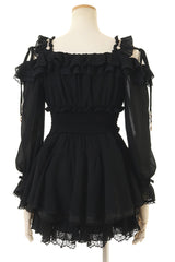 Black Off Shoulder Long Sleeves Floral Print Ruffle Bowknot Lace-Up Gothic Jirai Kei Japanese Skirt Set - Product - 3
