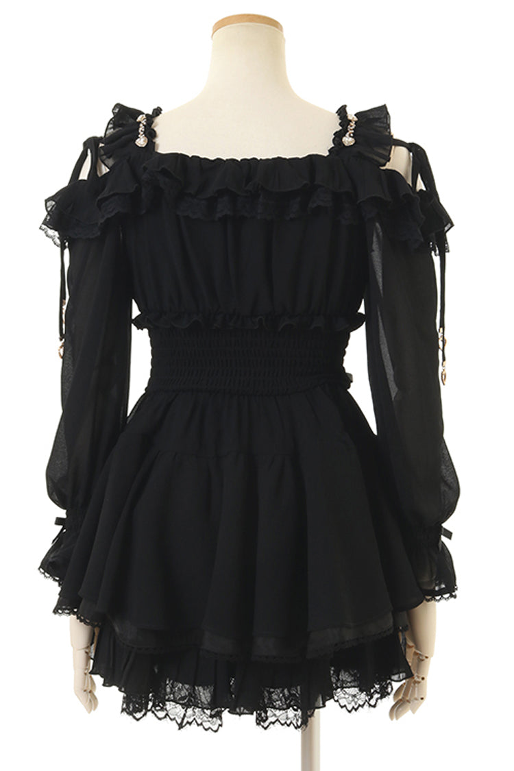 Black Off Shoulder Long Sleeves Floral Print Ruffle Bowknot Lace-Up Gothic Jirai Kei Japanese Skirt Set - Product - 3