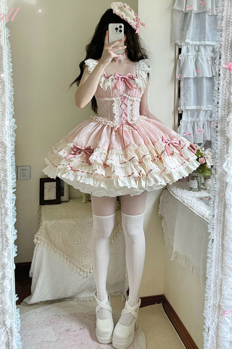 Pink [Flory Butterfly] Double-Layered Ruffle Bowknot Lace Lace-Up Sweet Ballet Lolita Jsk Dress - Product - 10