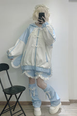 White/Blue Rabbit Ears Long Sleeves Ruffle Hooded Jirai Kei Japanese Coat - Product - 5